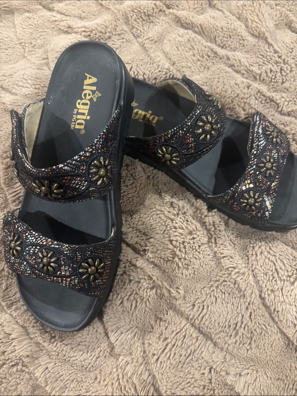 Alegria Black Multi-Accent Double Strap Slide Sandals